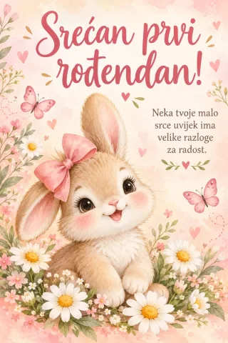 Čestitka · Srećan prvi rođendan - Ružičasti zeko